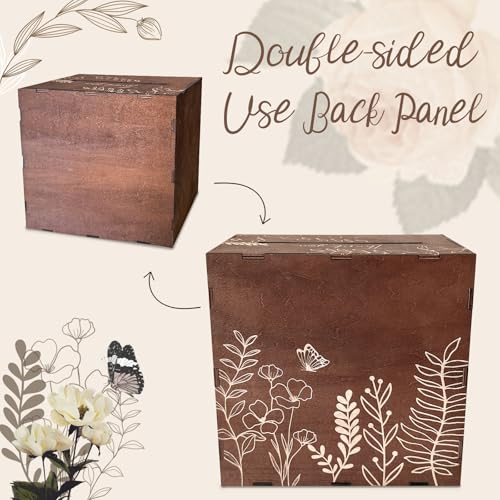 OurWarm Brown Wedding Card Box for Reception with Heart Acrylic Window, Wooden Gift Card Box for Wedding with Flower Patte...
