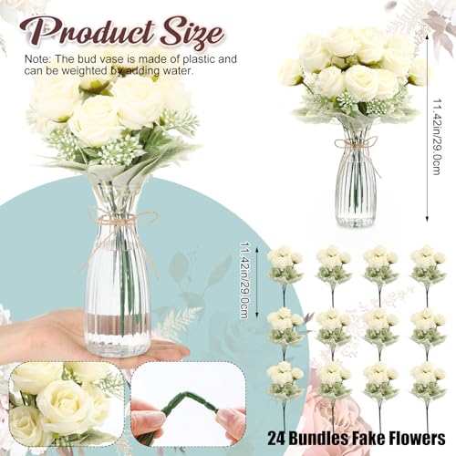 Zeyune 36 Pack Artificial Flowers Centerpiece with Vase Bulk for Wedding Table 24 Bundles Silk Floral Faux Rose Bouquet wi...