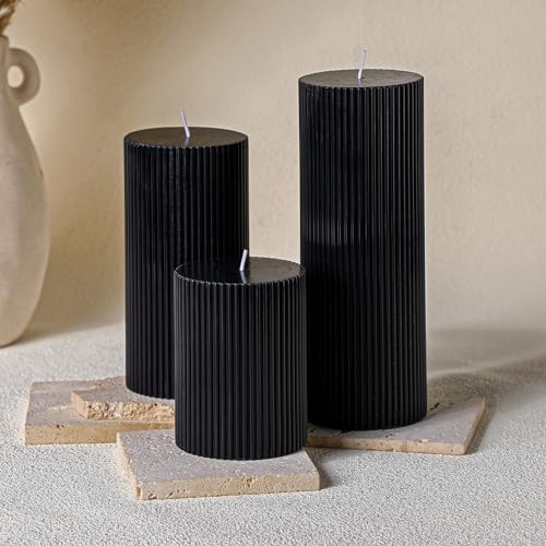 Conelist Ribbed Pillar Candles Set of 3, Width 3" High 4" 6" 8" Large Soy Wax Orchids Scented Pillar Candles Aesthetic Rib...