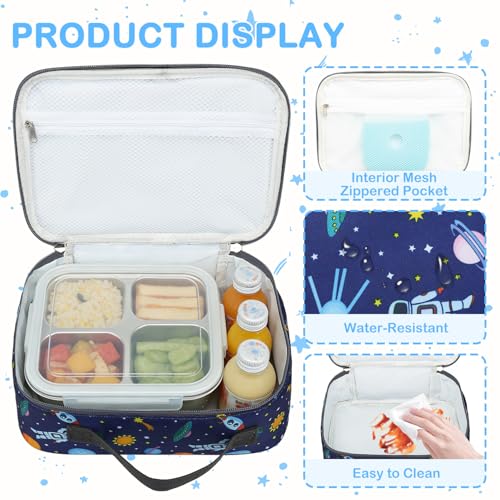 FlowFly Kids Lunch box Insulated Soft Bag Mini Cooler Back to School Thermal Meal Tote Kit for Girls, Boys, Astronaut