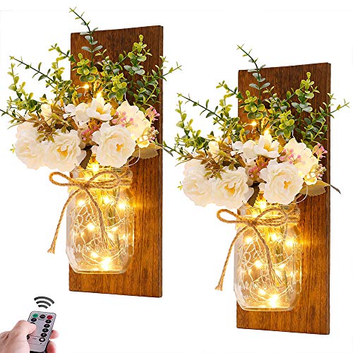 Rustic Wall Sconces Mason Jar Sconces Handmade Wall Art Hanging Design with Remote Control LED Fairy Lights and White Peon...