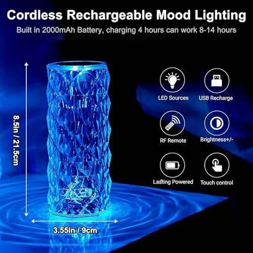 Crystal Table Lamp Touch, 16 Color Changing Night Light, Rechargeable, Dimmable, RGB Rose Diamond Ambient Mood Lighting, P...