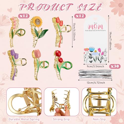 Yinkin 12 Sets Bulk Gift for Mother's Day Floral Metal Hair Clips with Thankful Greeting Cards Hair Clips for Women DIY Mo...