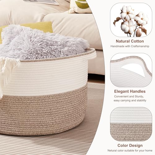 OIASKET Large Blanket Basket with Handles, 22.8" x 22.8" x 13" Woven Storage Basket for Living Room, Cotton Rope Baby Toy ...