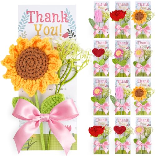 ONEHAUS Teacher Appreciation Gifts 12 Set, 36 Pcs Thank You Teachers Gifts in Bulk, Crochet Artificial Flowers with Teache...