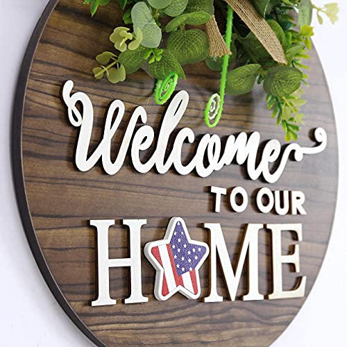 Interchangeable Seasonal Welcome Sign Front Door Decoration, Rustic Round Wood Wreaths Wall Hanging Outdoor, Farmhouse, Po...