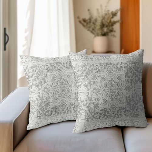 Boho Throw Pillow Covers 20X20 Inches Set of 2 Grey and White Ethnic Design Pillowcase Soft Cotton Linen Square Carpet Pat...