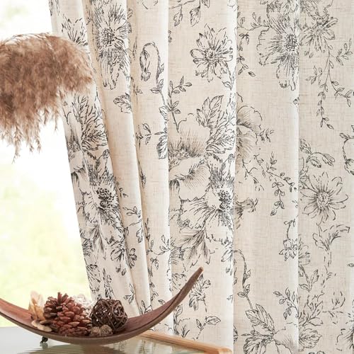 jinchan Floral Curtains for Living Room 84 Inch Length Farmhouse Printed Curtain Rod Pocket Back Tab Black Peony Flower Pa...
