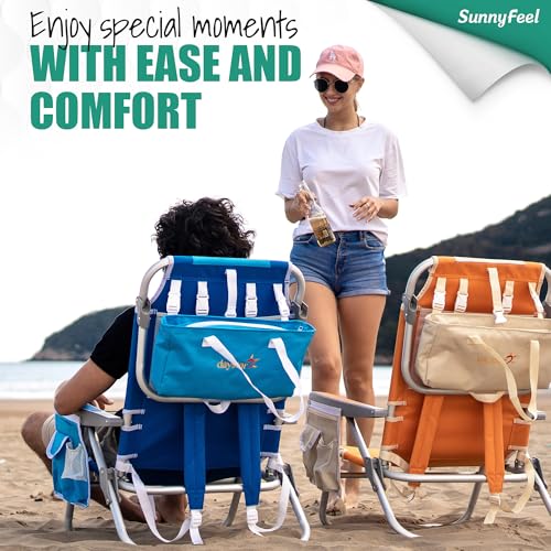 SUNNYFEEL Low Beach Chair, 5-Position Lay Flat Reclining, Backpack Portable Folding Chair with Cooler Bag & Cup Holder, He...
