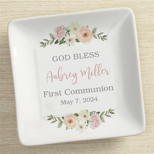 Personalization Universe Personalized Floral First Communion Porcelain Trinket Tray - Custom Name & Date Keepsake Jewelry ...
