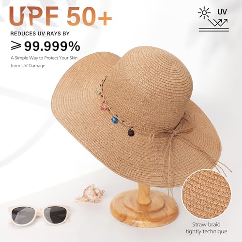 Trifabricy Beach Sun Straw Hats for Women, Wide Brim Womens Sun Hat UPF UV Protection, Foldable Packable Summer Hats Roll Up