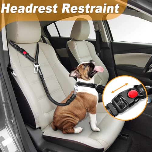 3 Piece Dog Car Seat Belt Set - Retractable Adjustable Pet Seatbelts for Vehicle Headrests - Heavy Duty, Elastic & Durable...