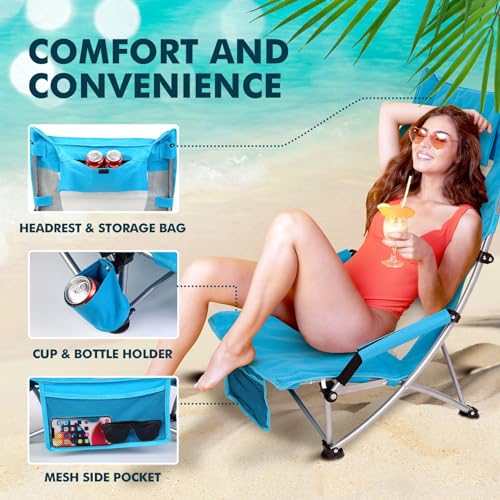 AKSOUL Folding Beach Chair for Adults: Low/High Back Chairs with Carry Bag - Extra Wide Seat Chair with Comfortable Pillow...