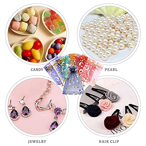 SUMAJU 100 Pieces Moon Star Organza Jewelry Candy Bags, 2.7x3.5 Inch Random Color Organza Favor Bags Gift Pouch with Draws...