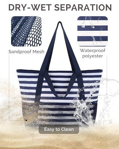 HOMESPON Beach Bag Large Waterproof Sandproof Tote for Women with Zipper and Mesh Pockets