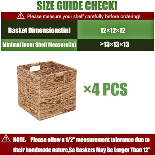 12x12in Storage Baskets Set of 4 Water Hyacinth Baskets,Foldable Handwoven Storage Cubes,Wicker Cube Baskets Laundry Organ...