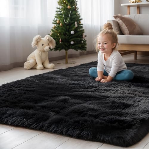 Zentavio Black Area Rugs for Living Room Bedroom 4x6 Men Room Carpet Fluffy Furry Shag Aesthetic Plush High Pile Floor Rug...