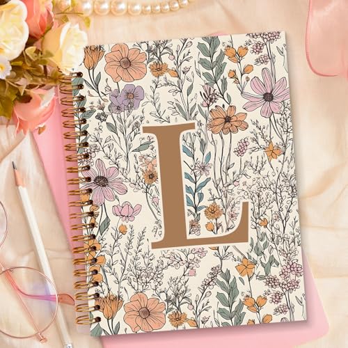 JXREQ Vintage Boho Floral Personalized Notebook, Initial Letter L Notebook Journal, Monogram Notebook, Monogrammed Gifts f...