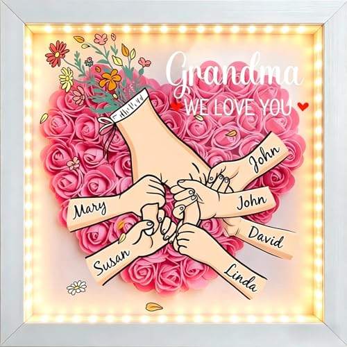 MoonSpy Personalized Flower Shadow Box for Mom Grandma Nana, Custom Family Keepsake with Names, LED Lighted Tabletop or Wa...