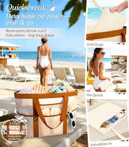 WULIVA 2026 Stylish & Spacious XX-Large Beach Bag for Women – Mesh × Canvas Tote with Top Zipper, 11 Tall Pockets | 40L+ S...
