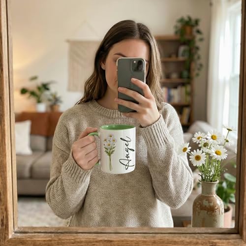 Personalized Birth Flower Name Coffee Mug, Custom Ceramic Cup 11oz 15oz, Floral Gift for Women Mom Grandma Sister Friend, ...