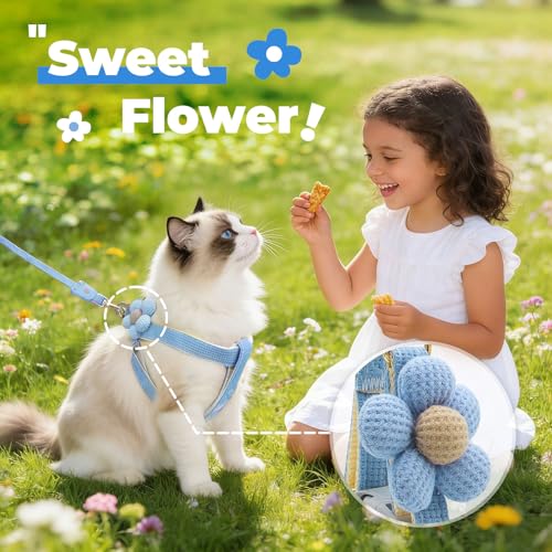 PETCARE Cute Cat Harness and Leash Set, Blue Flower Cat Walking Harness with Bow Tie Cats Leash, Easy Walk Lightweight Ste...
