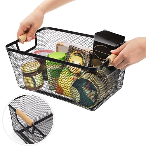 Noamus 3 Pack Metal Mesh Basket with Wooden Handle, Farmhouse Wire Steel Storage Bins, Rectangle Fruit Vegetable Organizer...