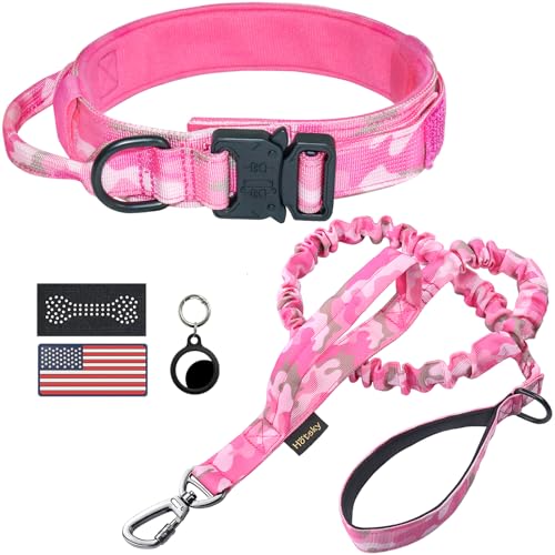 Hotsky Tactical Dog Collar and Leash Set, Heavy Duty Military Airtag Dog Collar with Handle and Metal Buckle for Training ...