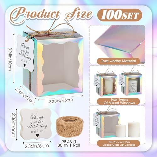 ReliThick 100 Set Candle Gift Box Transparent Gift Packaging Box for 4-10 oz Candles 50 Paper Thank You Tag Bundle Hemp Ro...