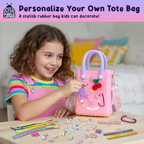 PURPLE LADYBUG Beach Tote With Beads & Charms For Kids, Fun Crafts for Girls Ages 6-8, Summer Travel Beach Bag For Girls