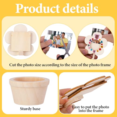 14 Sets DIY Paintable Wood Flowers Photo Holders, Mother's Day Crafts Wooden Flower Picture Frames, Spring Flower Pot Unfi...