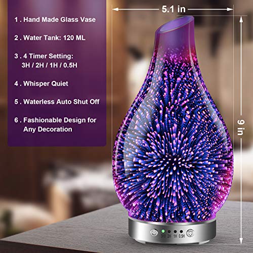 MAXWINER Essential Oil Diffusers Ultrasonic 3D Glass Aromatherapy Diffuser, Auto Shut-Off, Timer Setting, 7 Colors LED Lig...