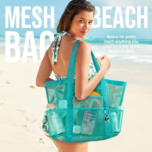KPX Mesh Beach Bag, Large Beach Tote Bags for Women Foldable Mesh Swimming Pool Bag with Mini Pockets - Sandproof, Waterproof