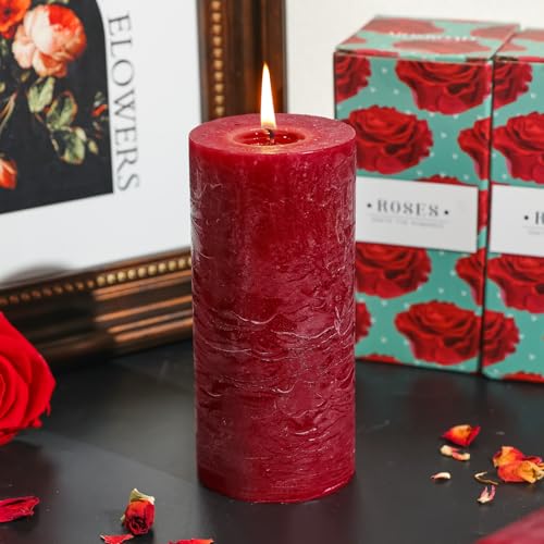 Romantic Rose Scented Pillar Candle - 2.8x6 Inch, 75-Hour Burn, Textured Red Rose Scented Candle for Women, Natural Aromat...