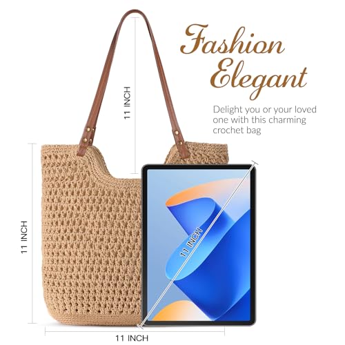 Pleneal Crochet Beach Bag, Summer Woven Tote Bag with Lining, Soft Purse Shoulder Bags for Vacation
