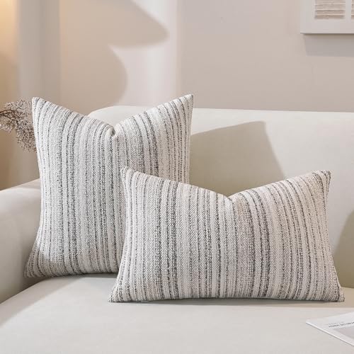 QDTTSRY Chenille Throw Decorative Pillow Covers 20x20 Set of 2, Textured Striped Boho Couch Pillow Covers, Cozy Neutral Fa...