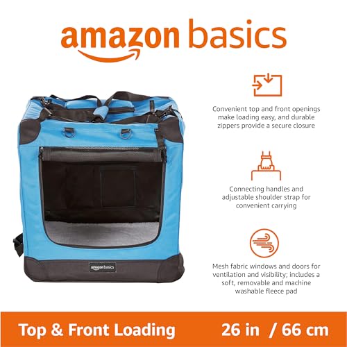 Amazon Basics Portable Soft Pet Dog Crate Carrier Kennel, Foldable, Washable, Up to 25 lbs, 26 x 18 x 18 inches, Blue