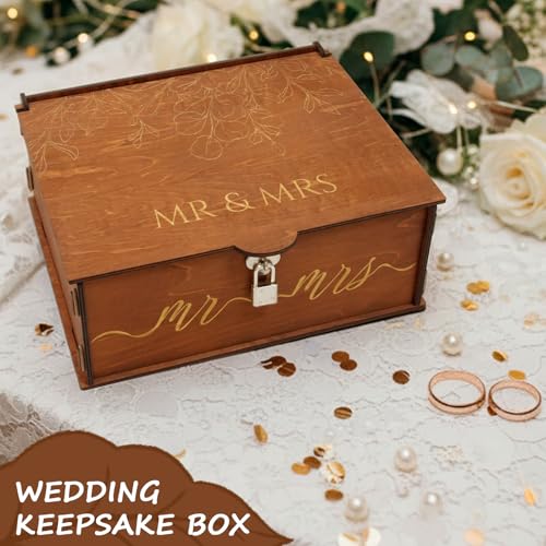 AerWo Mr and Mrs Wedding Keepsake Box, Large Wooden Storage Box with Lid and Lock, Assembled Keepsake Memory Box for Anniv...