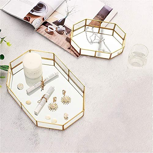 Decorative Metal Mirror Catchall Tray, Glass Vanity Tray, Dresser Tray, Jewelry Display Tray, Vanity Organizer for Accent ...