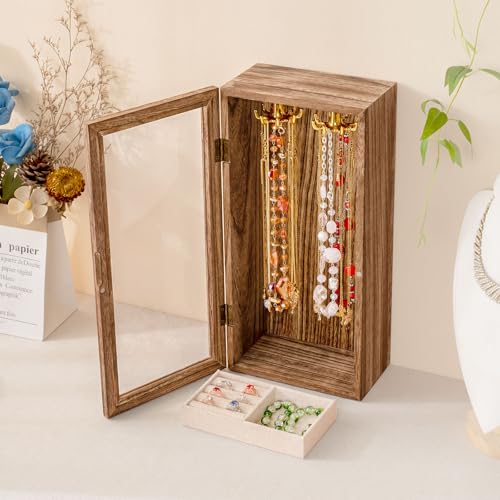 SINGLBA Necklace Holder Organizer, Wooden Jewelry Box for Women Girls, Rotatable Jewelry Organizer Case with Ring Tray Dis...