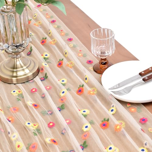 Joanlody Champagne Embroidery Daisy Spring Summer Table Runner 10ft Florals Seasonal Easter Tulle Table Runner Holiday Kit...