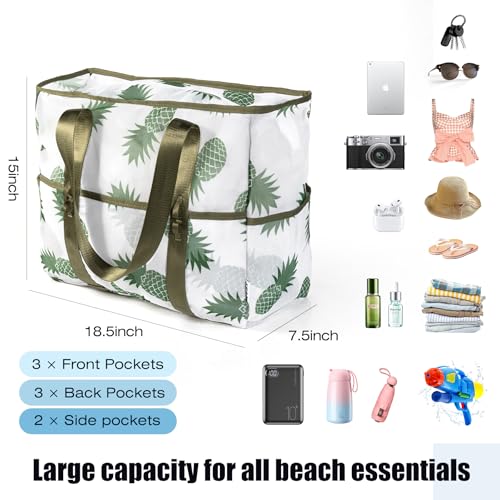KUAK Mesh Beach Bag, Large Beach Tote with Top Zipper, 9 Pockets, Inner Waterproof Pocket for Family Pool Vacation Essentials