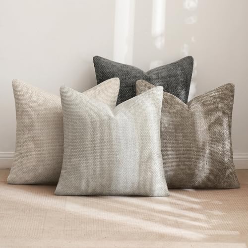 MIULEE Pack of 4 Couch Throw Pillow Covers 18x18 Inch Neutral Soft Decorative Chenille Pillow Covers Farmhouse Boho Cushio...