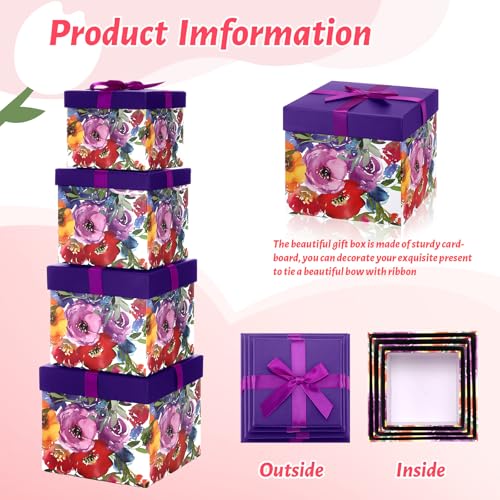Cholemy 4 Pcs Spring Floral Gift Box with Lid for Present Decorative Nesting Squared Cardboard Storage Box for Birthday We...