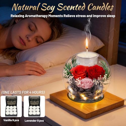 ENERLEAF Preserved Red Real Rose in Glass with Scented Candles–Forever Flower Romantic Anniversary Mothers Day Christmas B...