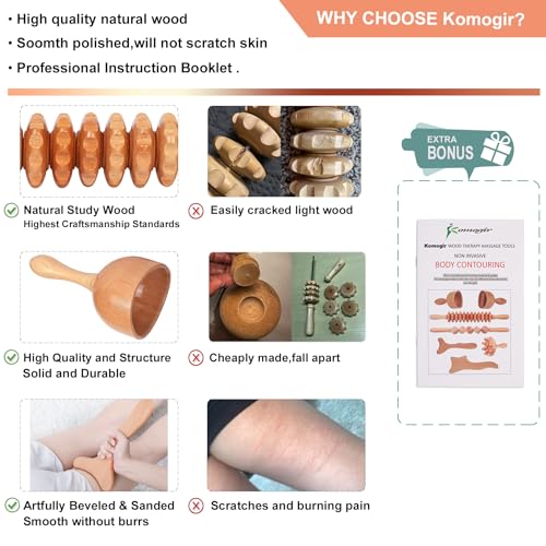 Komogir 3-in-1 Wood Therapy Massage Tools Lymphatic Drainage Massager Wooden Massager for Maderoterapia,Anti-Cellulite, Bo...