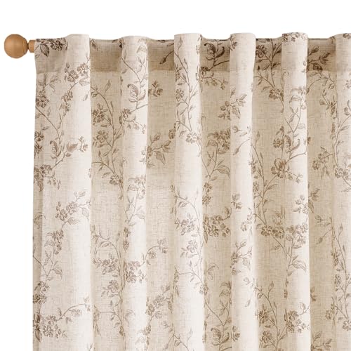 Lazzzy Taupe Floral Linen Curtains 84 Inch Farmhouse Curtain Back Tab Drapes for Living Room Bedroom Light Filtering Vinta...
