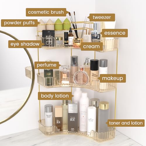 NATURE'S SOURCE Makeup Organizer for Vanity, 3-Tier Corner Bathroom Organizer Countertop with Makeup Brush Holder, Corner ...
