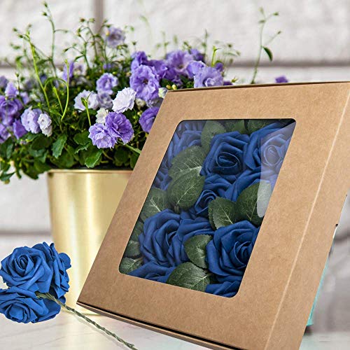 Higfra Artificial Flowers 25pcs Real Looking Royal Blue Foam Fake Roses with Stems for DIY Wedding Bouquets White Bridal S...
