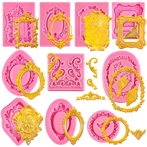 10 PCS Photo Frame Fondant Molds, Mini Photo Frame Silicone Molds Baroque Style Vintage Frame Molds for Cupcake Topper Cak...